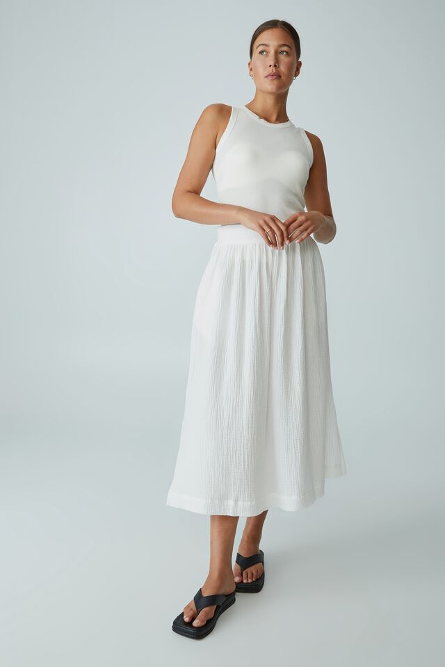Double Cloth Midi Skirt In Organic Cotton, WHITE