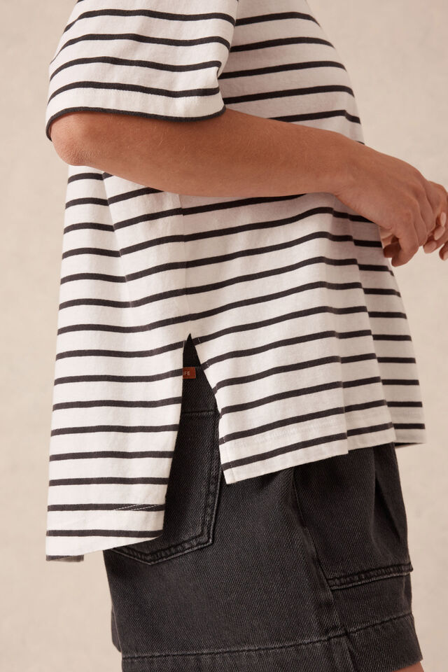 Slouchy Split Hem Tee In Australian Cotton, VANILLA /PHANTOM FINE STRIPE