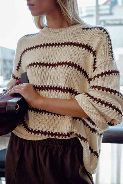 Lila Oversized Knit Crew, ECRU STRIPE