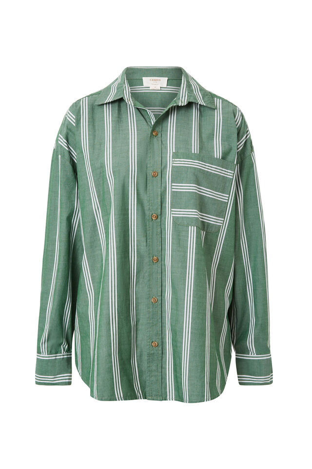 Oversized Shirt, GREEN WHITE TRIPLE STRIPE ORGANIC COTTON