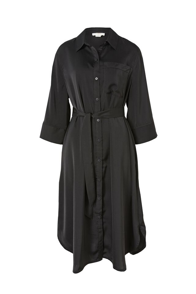 Satin Midi Shirt Dress With Recycled Fibres, BLACK