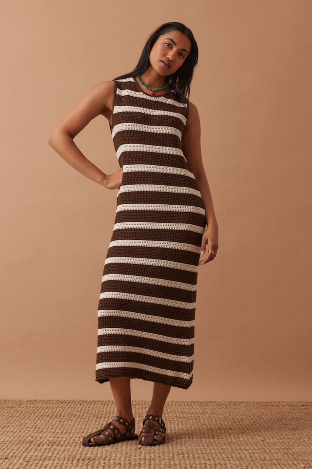 Margot Mesh Knit Tank Midi Dress, CHOC STRIPE