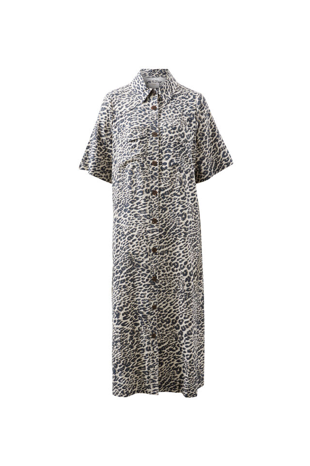 Ava Short Sleeve Midi Dress, LEOPARD LINEN BLEND