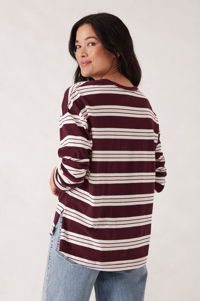 Slouchy Long Sleeve  Tee, RAISIN VANILLA STRIPE