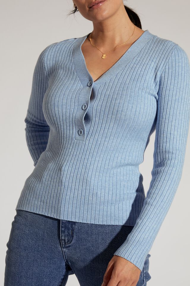 Soft Knit Henley In Recycled Blend Yarn, BLUE SHADOW MARLE