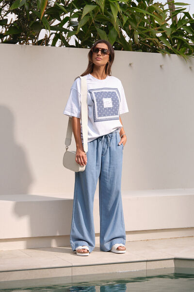 Andie Wide Leg Drawstring Pant, BLUE HERRINGBONE