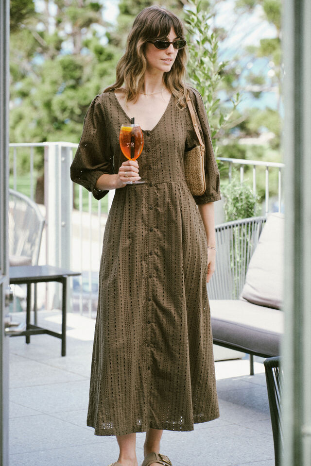 Sculptured Sleeve Midi Dress, DEEP OLIVE