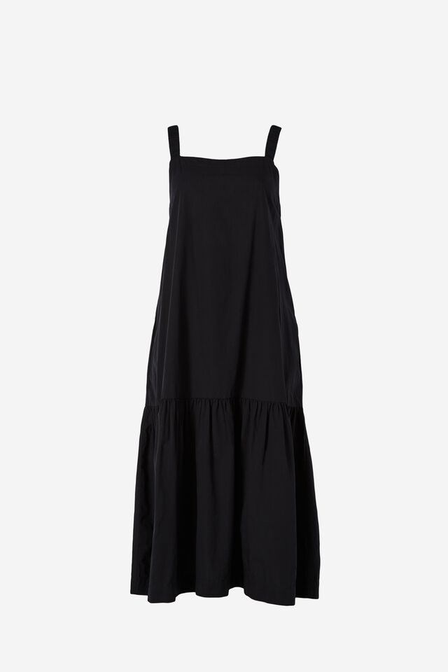 Strappy Tiered Dress In Organic Cotton Poplin, BLACK