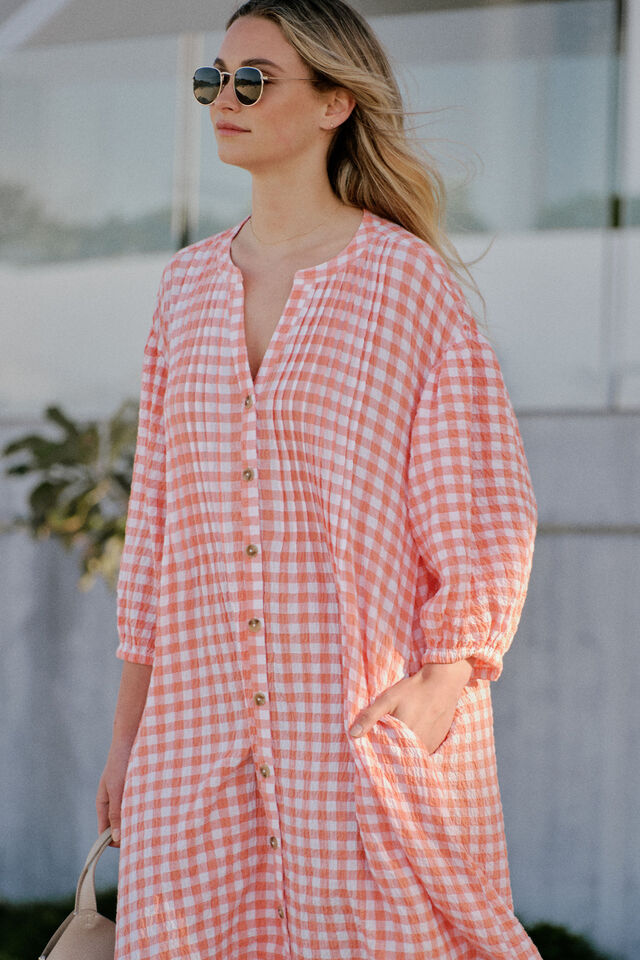 Crinkle Midi Dress, CORAL WHITE GINGHAM