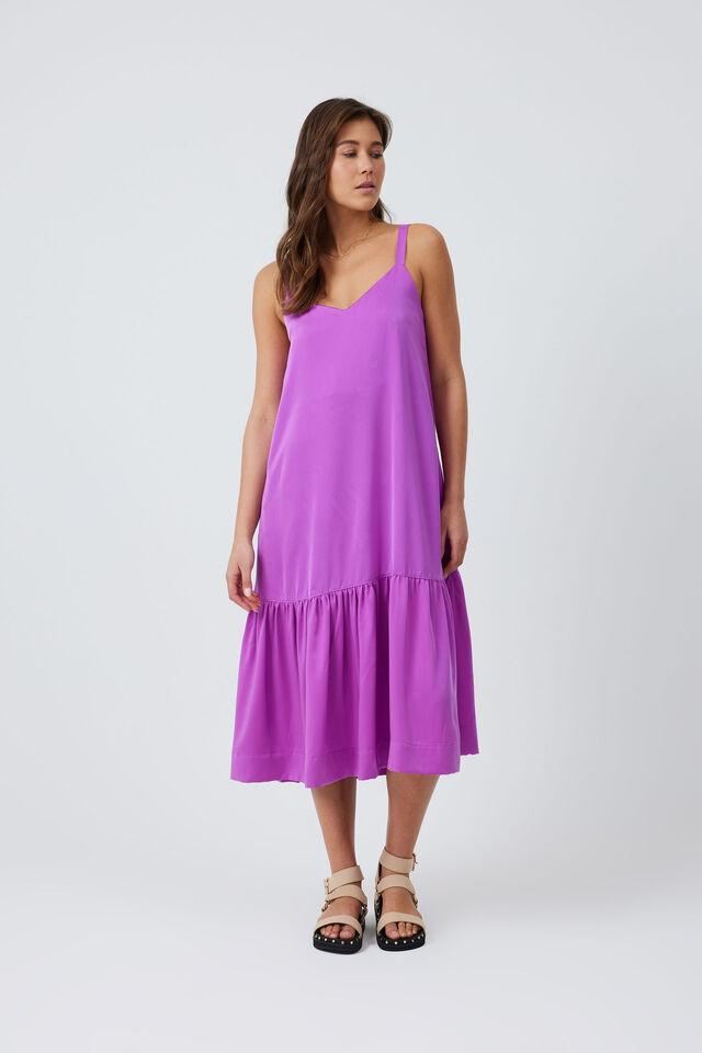 Satin Single Tier Midi Dress With Recycled Fibres, MAGENTA