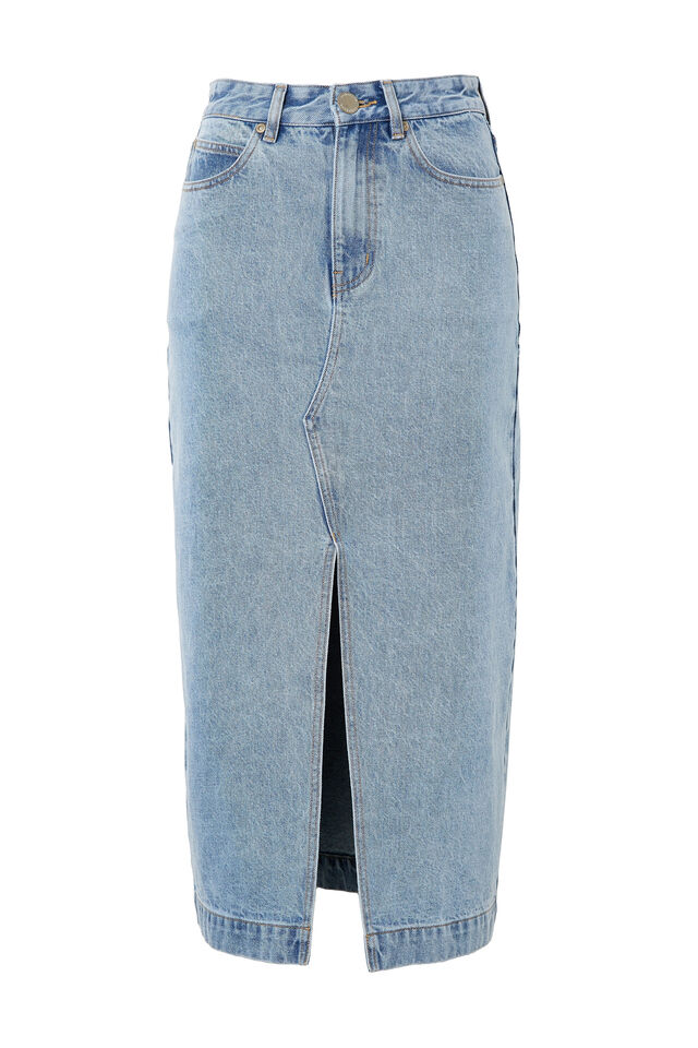Denim Split Front Midi Skirt, VINTAGE BLUE WASH