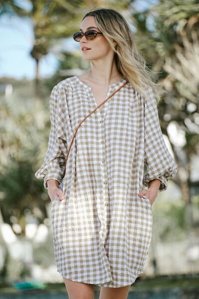 Crinkle Mini Dress, FIG GREEN WHITE GINGHAM