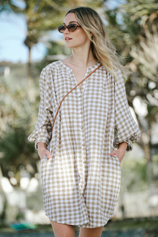 Crinkle Mini Dress, FIG GREEN WHITE GINGHAM