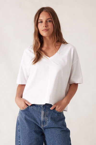 Boxy V Neck Tee, WHITE