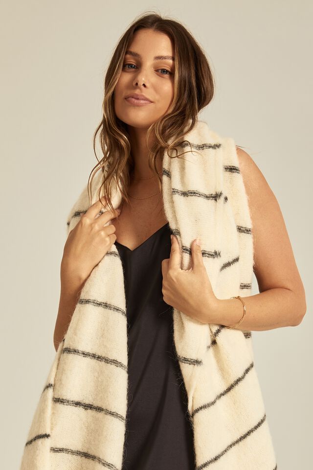 Oversized Knit Scarf In Alpaca Wool Blend, CREAM CHARCOAL STRIPE