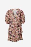 Wrap Mini Dress In Cotton Linen Blend, PINK SUNSET FLORAL - alternate image 2