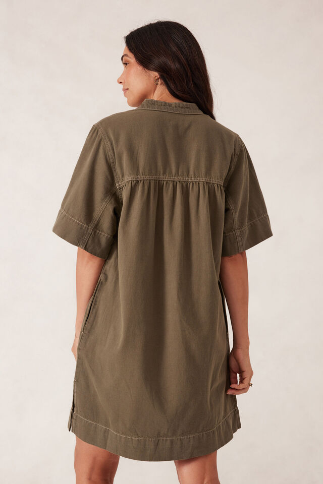 Half Placket Tunic Dress, SOFT OLIVE TWILL