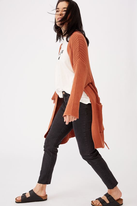 tan belted cardigan