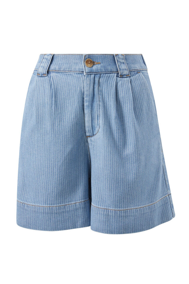 Billie Pleat Front Short, BLUE HERRINGBONE