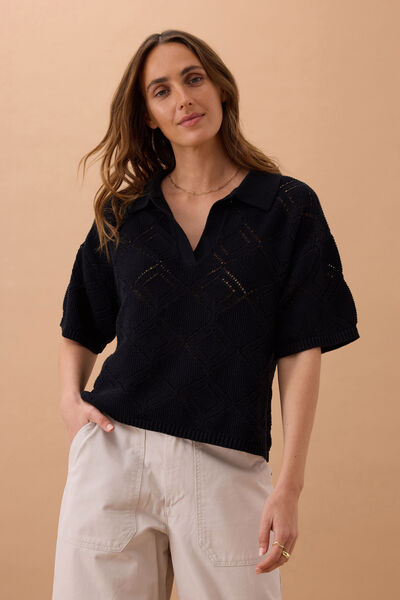 Demi Diamond Knit Collared Tee, BLACK