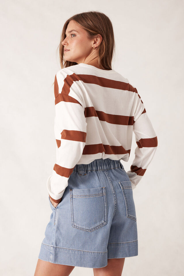 Slouchy Long Sleeve  Tee, VANILLA/TOBACCO BOLD STRIPE