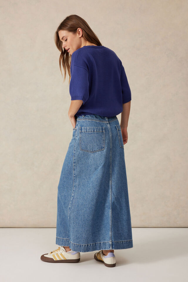 Tie Waist Denim Maxi Skirt, FRESH INDIGO