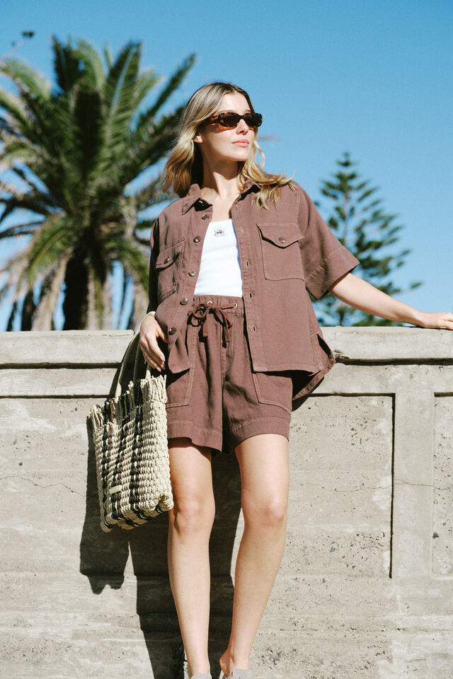 Short Sleeve Boxy Shirt, MOCHA TWILL