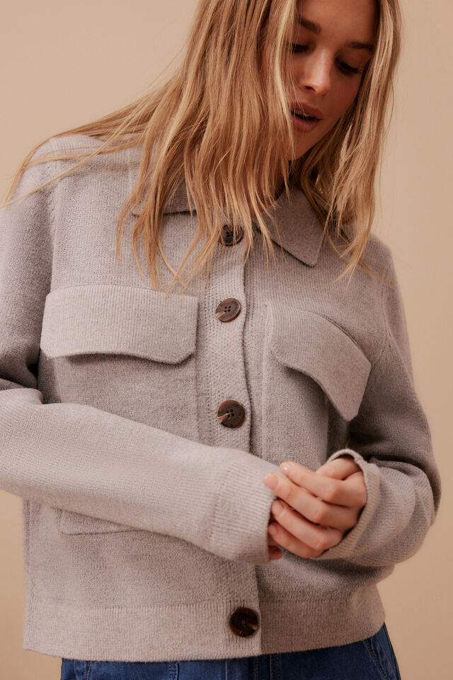 Soft Knit Collared Cardi, GREY MARLE