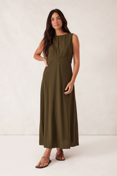 Bias Textured Cotton Midi Dress, DEEP OLIVE