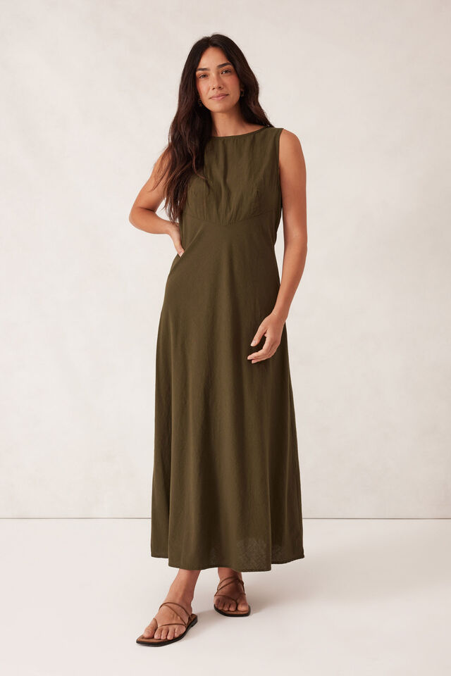 Bias Textured Cotton Midi Dress, DEEP OLIVE