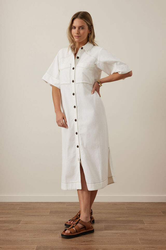 Ava Short Sleeve Midi Dress, FRESH ECRU TWILL