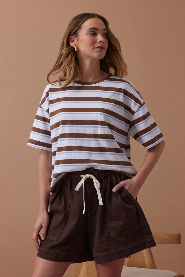 Boa Boxy Pocket Tee, WHITE/MILK CHOC CHALK STRIPE