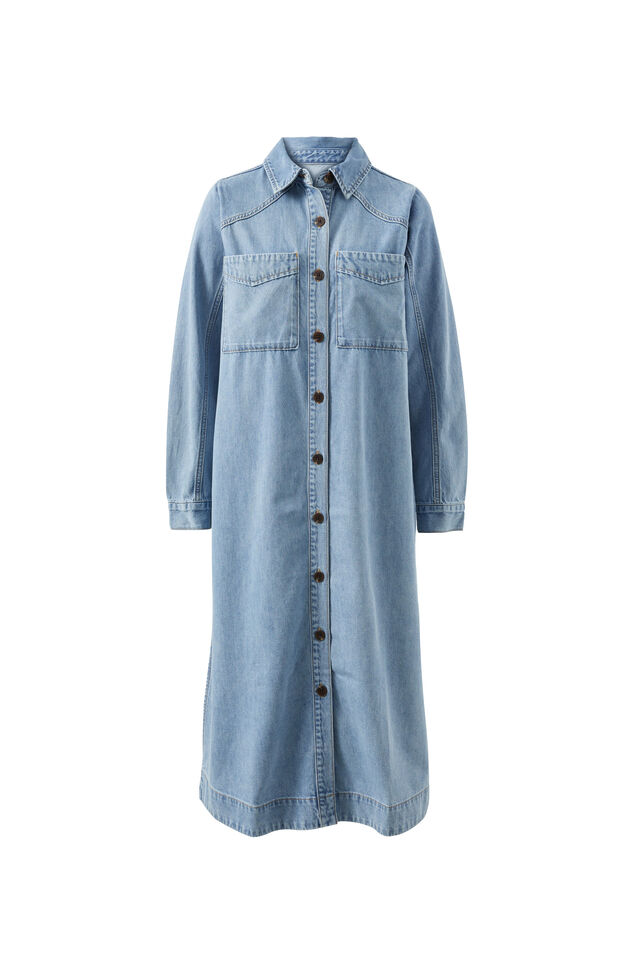 Long Sleeve Yoke Detail Midi Dress, VINTAGE BLUE