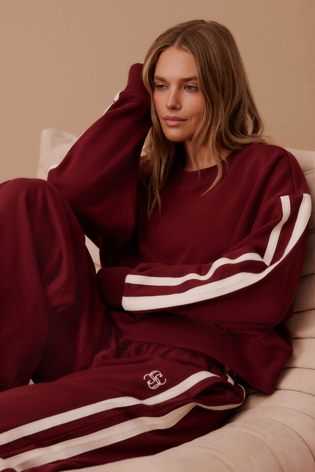 Sasha Sporty Slouchy Crew, BURGUNDY SIDE STRIPE