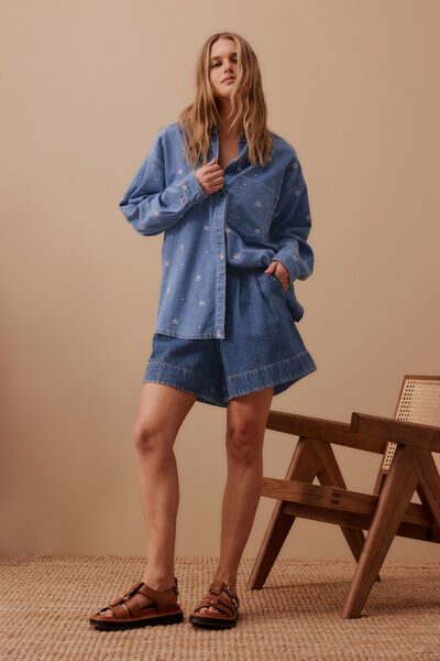 Embroidered Denim Shirt, VINTAGE BLUE FLOWER