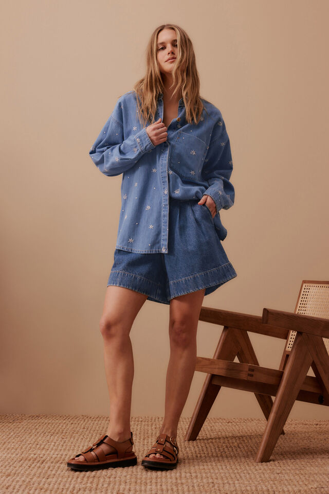Embroidered Denim Shirt, VINTAGE BLUE FLOWER
