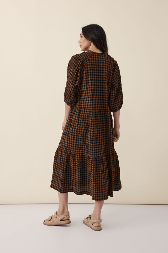 Shirred Check Midi Dress, NUTMEG/BLACK CHECK