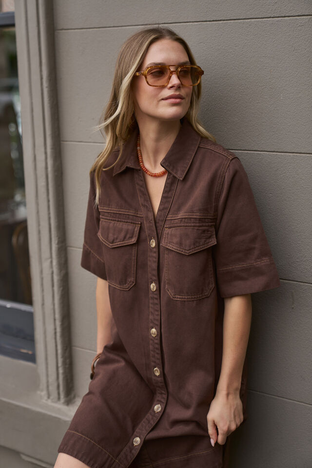 Bonnie Relaxed Shirt Dress, CHOCOLATE