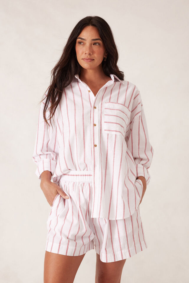 Peta Oversized Shirt, HERITAGE RED FINE TWIN STRIPE