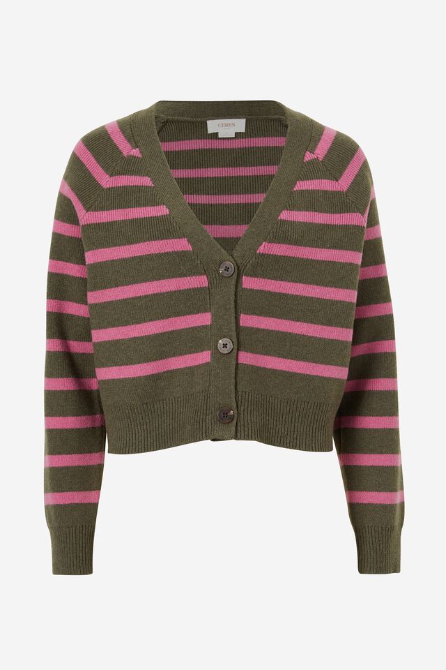 Jacqui Felgate Knitted Cardigan In Recycled Blend, MILITARY GREEN STRIPE