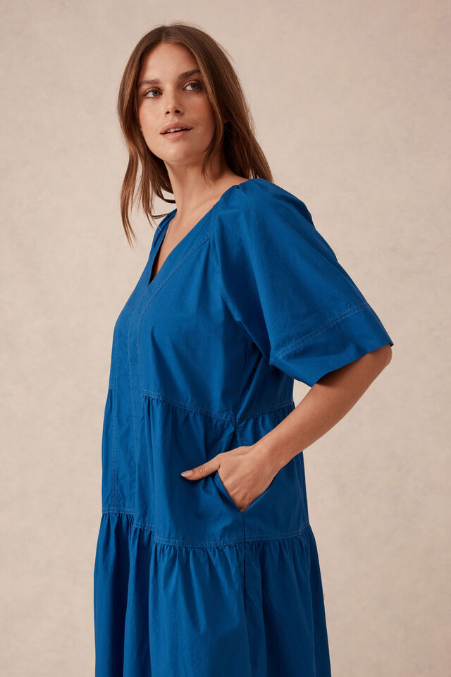 Tiered Poplin Midi Dress, FRESH COBALT