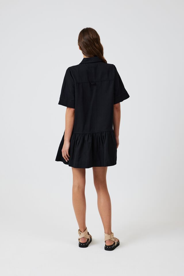 Twill Dress With Tier In Rescue Cotton, BLACK