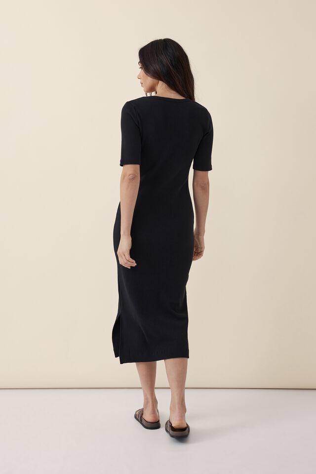Organic Contour Rib Short Sleeve Dress, BLACK
