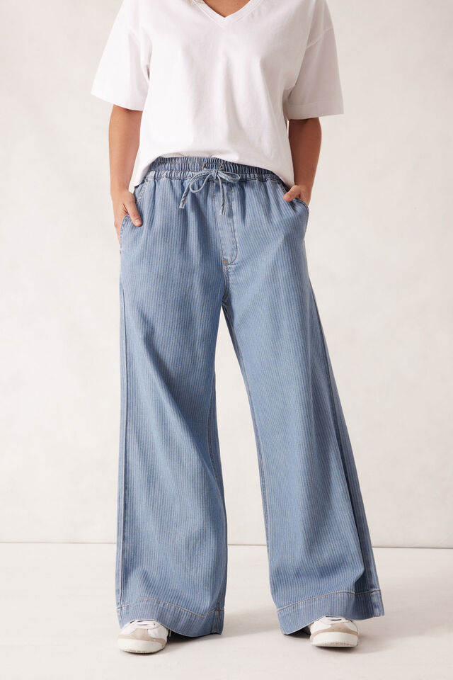 Andie Wide Leg Drawstring Pant, BLUE HERRINGBONE