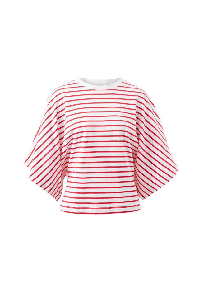 Lucy Relaxed Sleeve Tee, WHITE/HERITAGE RED STRIPE