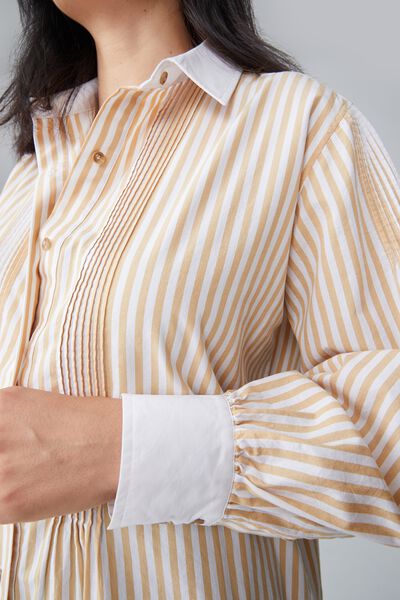 Emma Hawkins  Pintuck Shirt In Rescued Cotton, TAUPE STRIPE
