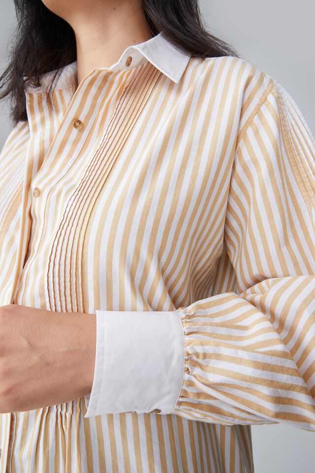 Emma Hawkins  Pintuck Shirt In Rescued Cotton, TAUPE STRIPE