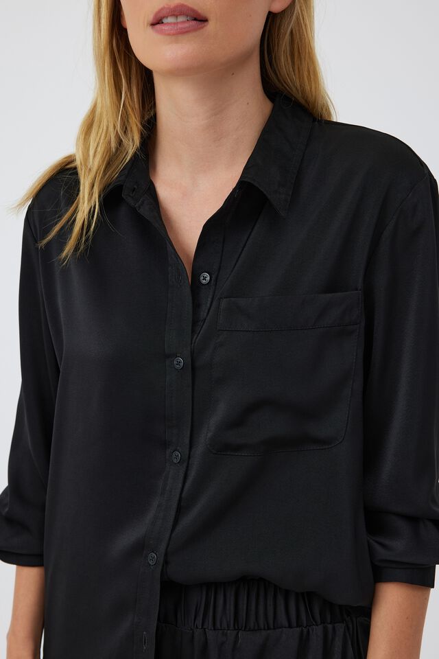 Satin Drape Shirt With Recycled Fibres, BLACK