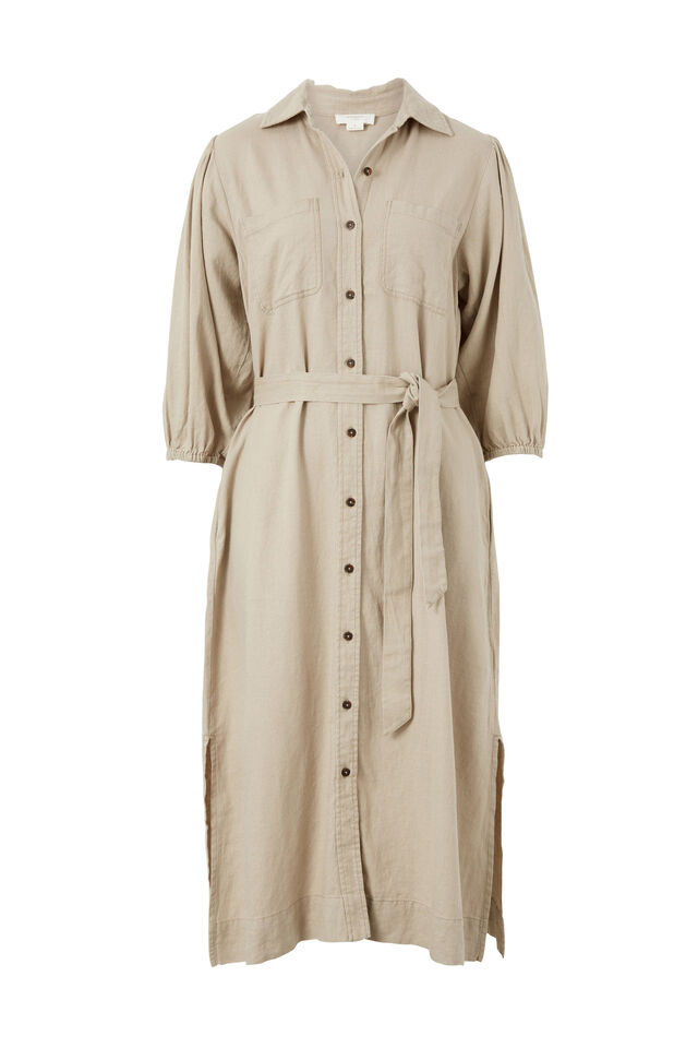 Puff Sleeve Midi Shirt Dress, SUMMER TAUPE LINEN BLEND