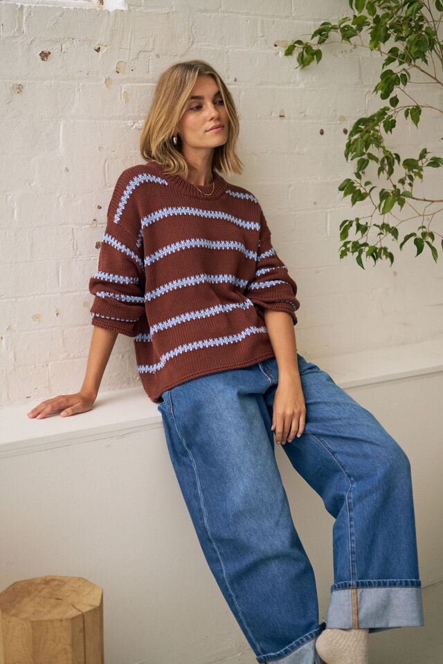Lila Oversized Knit Crew, BURNT TOFFEE STRIPE